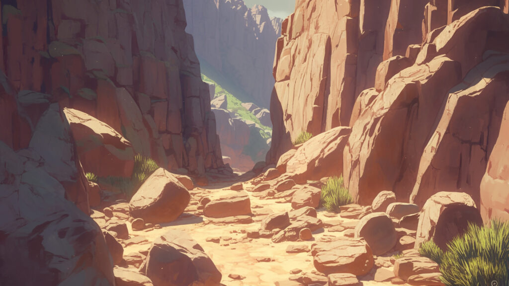 岩が転がる狭い谷