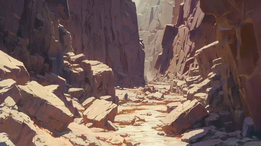 岩が転がる狭い谷