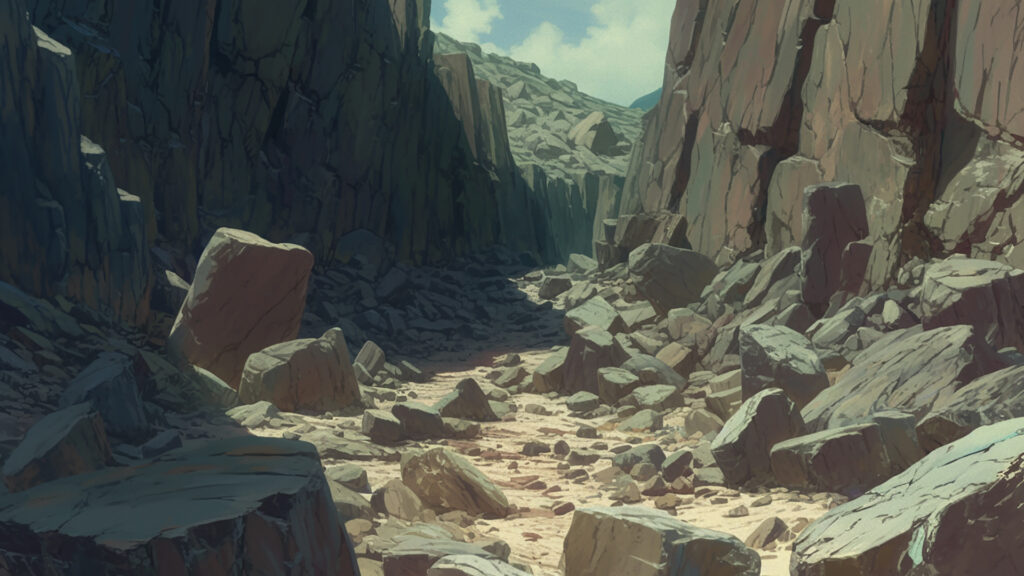 岩が転がる狭い谷