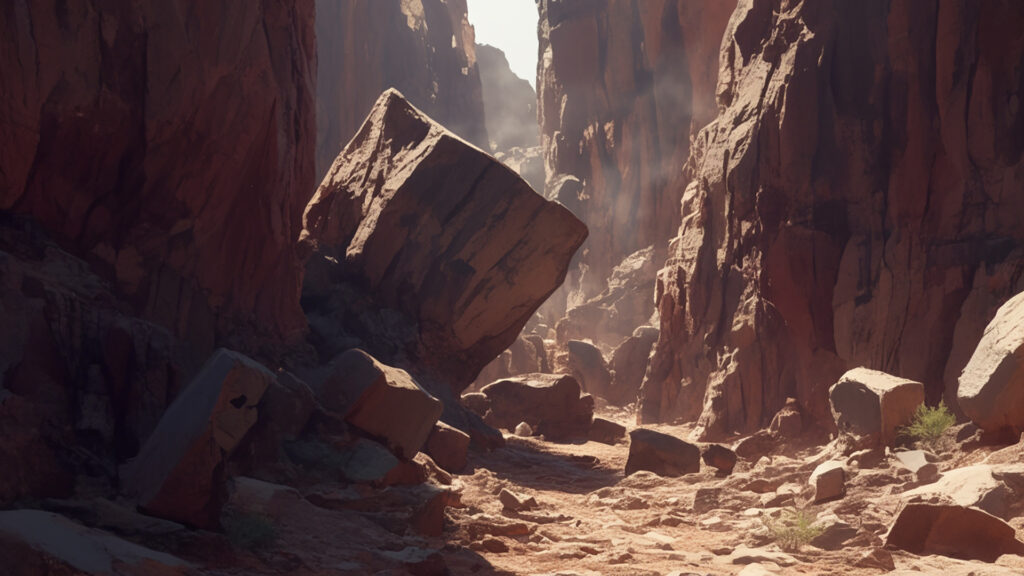 岩が転がる狭い谷の背景イラストのフリー素材