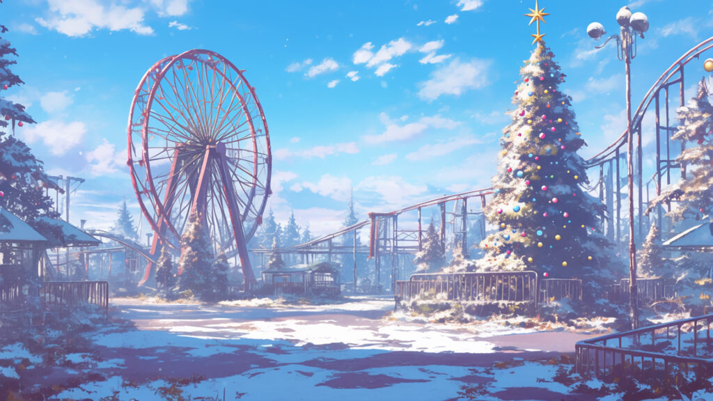 クリスマスツリーが残ったままの廃遊園地