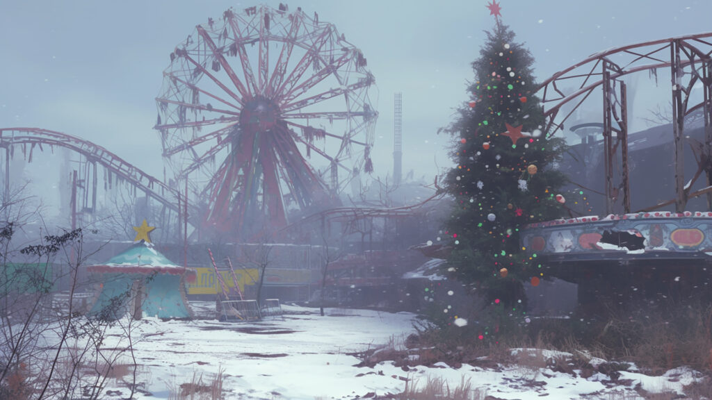 クリスマスツリーが残ったままの廃遊園地