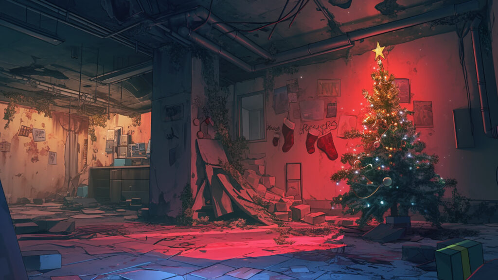 地下室の片隅に置かれた古いクリスマスツリー