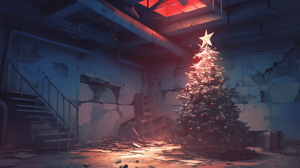 地下室の片隅に置かれた古いクリスマスツリーの背景イラストのフリー素材