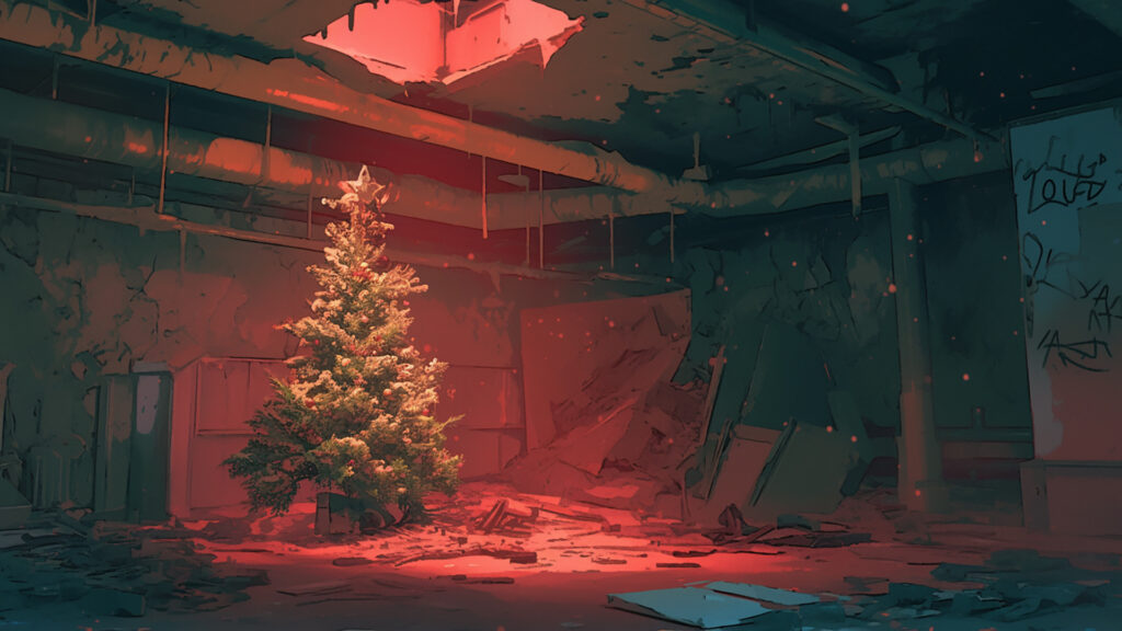 地下室の片隅に置かれた古いクリスマスツリー
