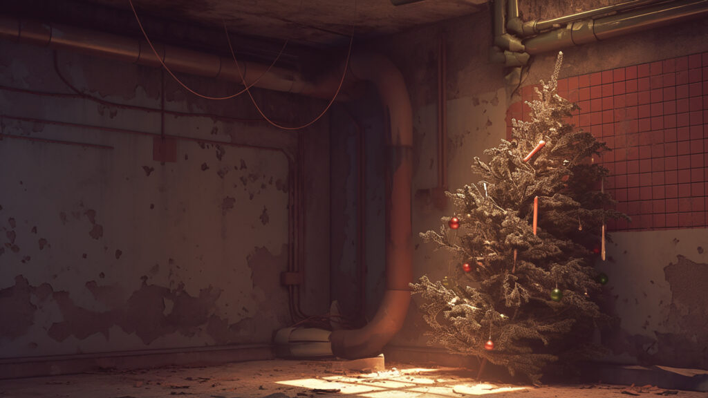 地下室の片隅に置かれた古いクリスマスツリー