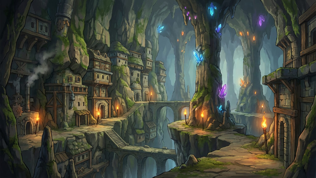 ドワーフが住んでいそうな地下の街の背景イラストのフリー素材