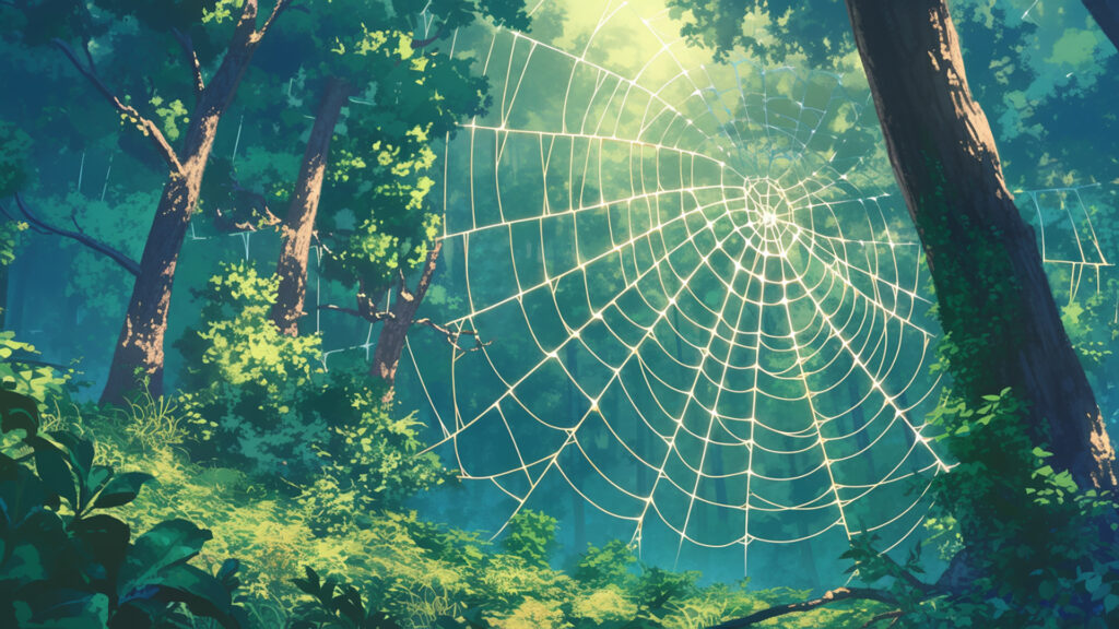 森の中の大きな蜘蛛の巣の背景イラストのフリー素材