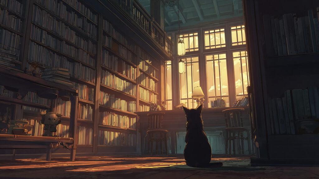 本棚の部屋と猫の背景イラストのフリー素材