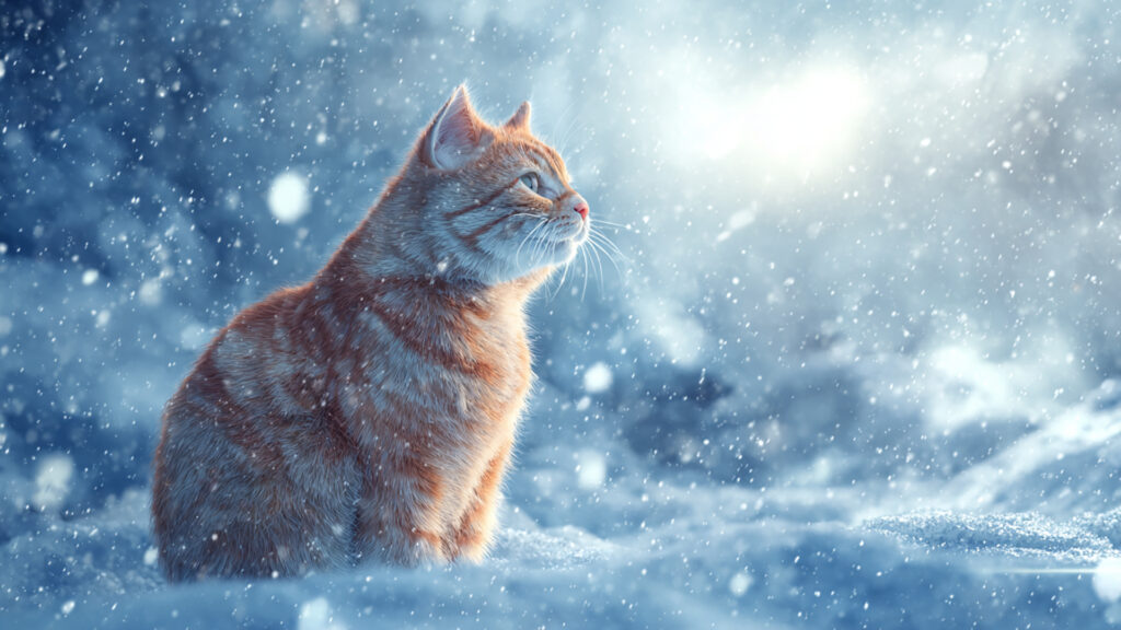 雪の中の猫｜写実風の背景イラストのフリー素材