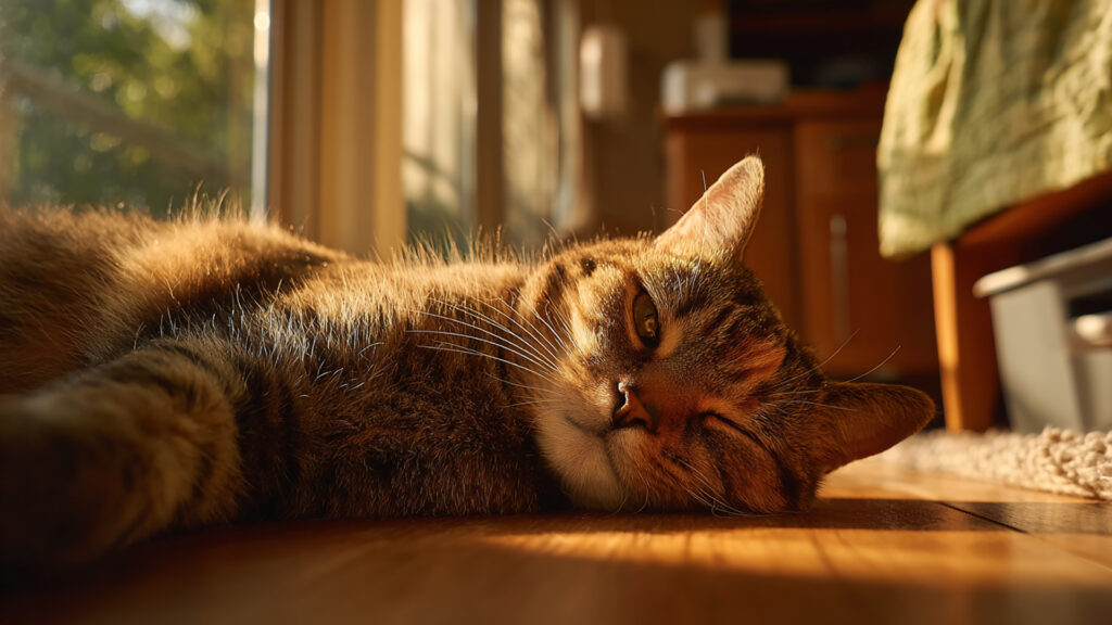 部屋でくつろぐ猫｜写実風の背景イラストのフリー素材