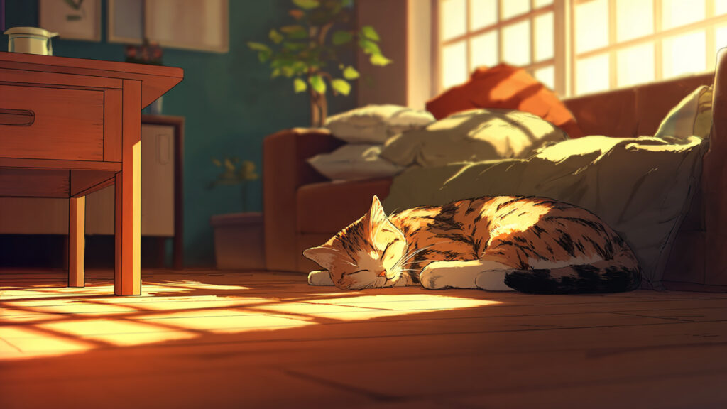 部屋でくつろぐ猫の背景イラストのフリー素材