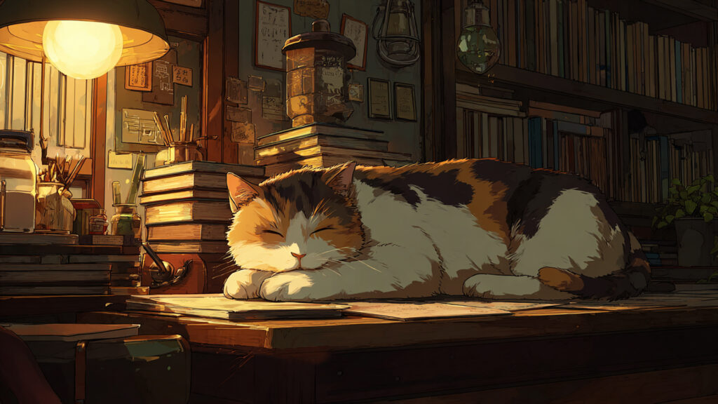 机の上でくつろぐ猫