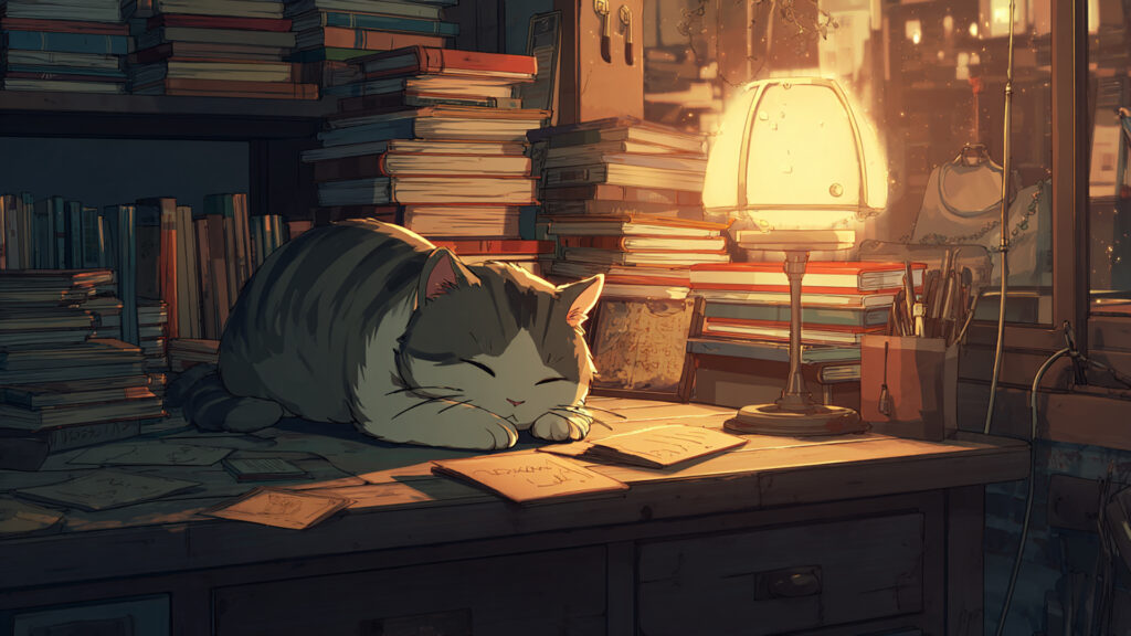 机の上でくつろぐ猫