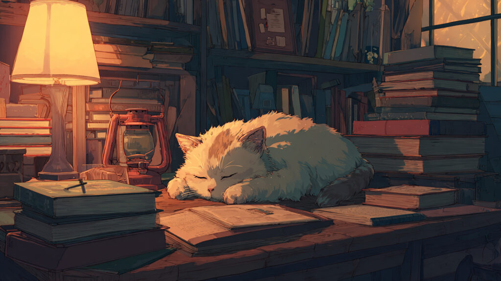 机の上でくつろぐ猫の背景イラストのフリー素材