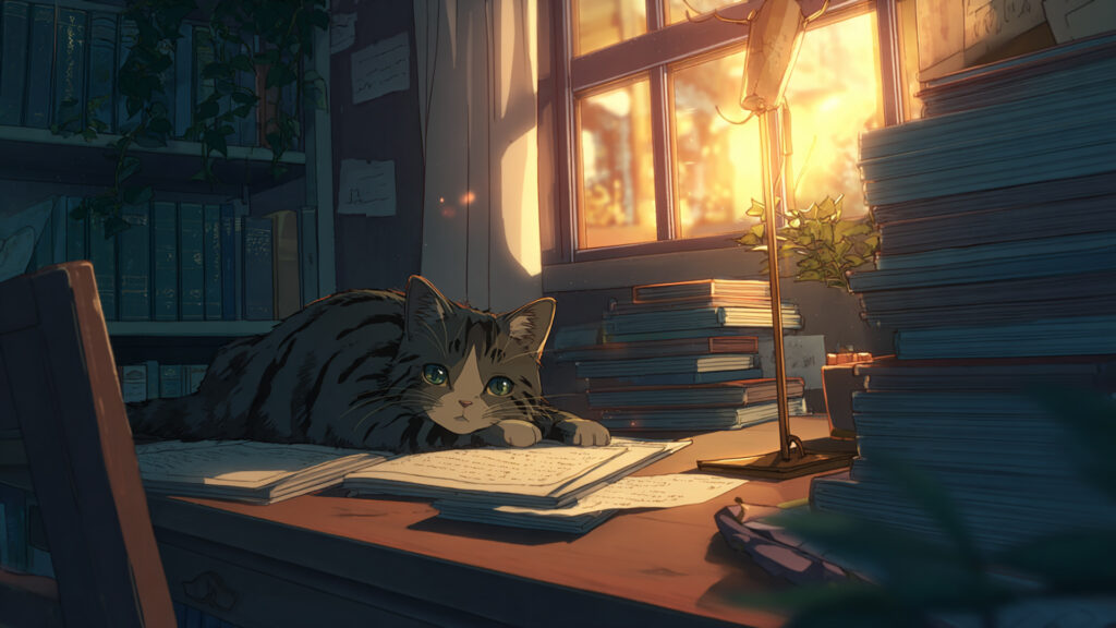 机の上でくつろぐ猫