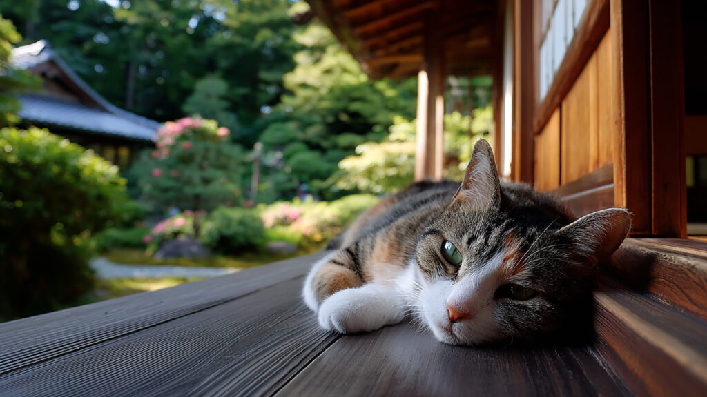 縁側でくつろぐ猫｜写実風の背景イラストのフリー素材
