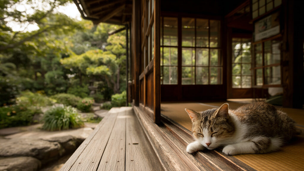 縁側でくつろぐ猫｜写実風