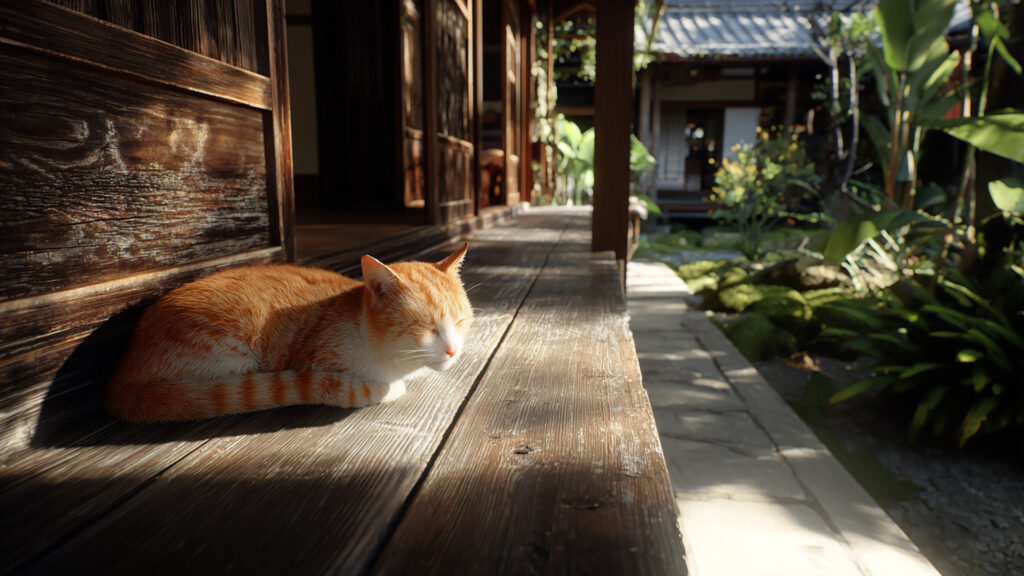 縁側でくつろぐ猫｜写実風