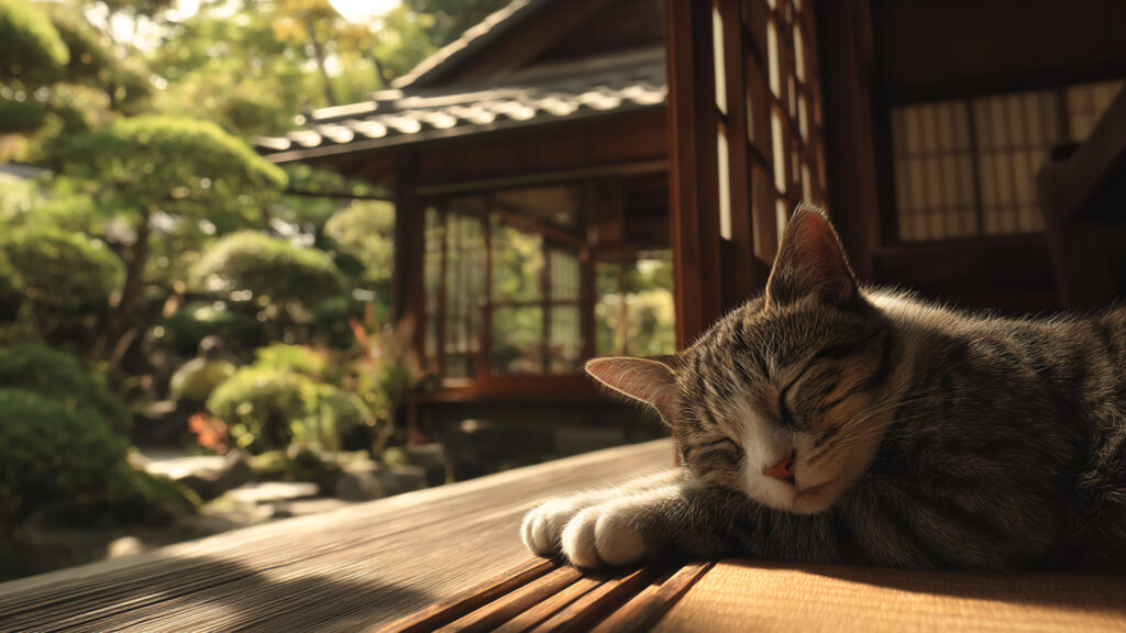 縁側でくつろぐ猫｜写実風