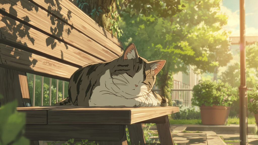 公園のベンチでひなたぼっこする猫