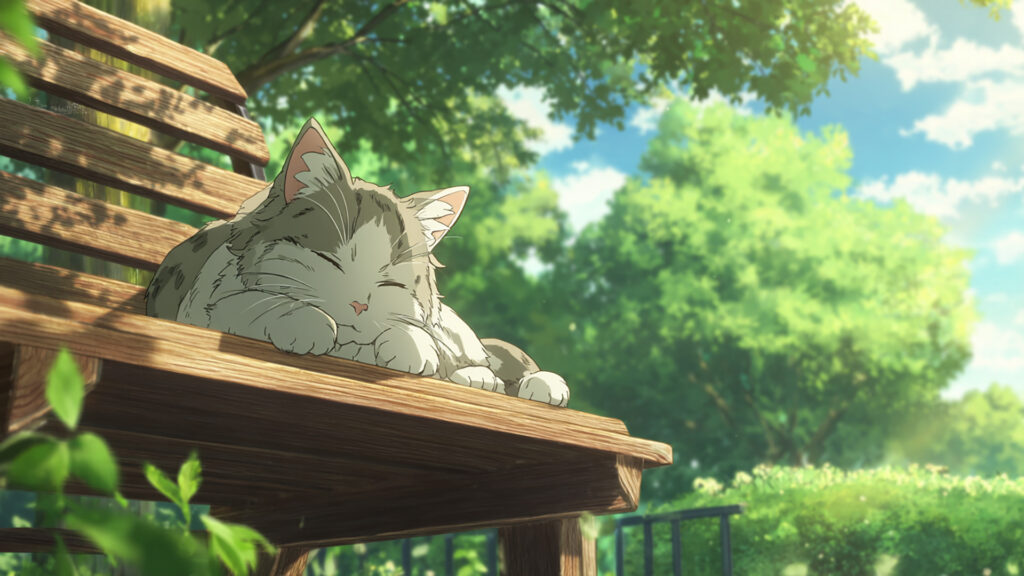 公園のベンチでひなたぼっこする猫