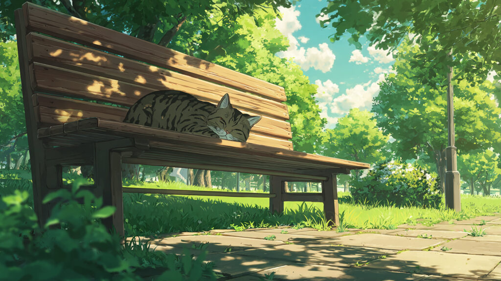 公園のベンチでひなたぼっこする猫