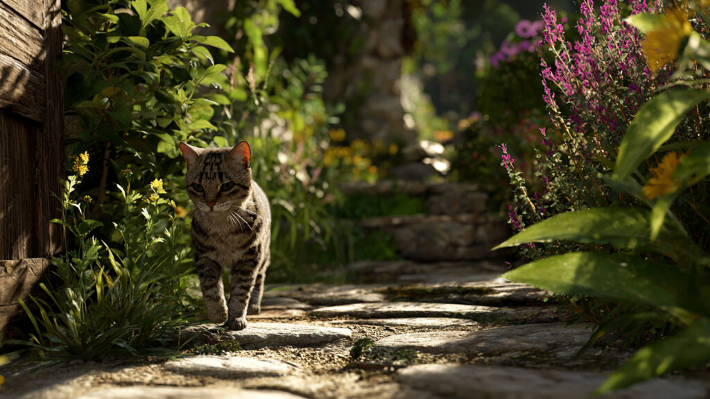 裏庭を歩くネコ｜写実風