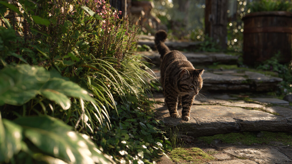 裏庭を歩くネコ｜写実風