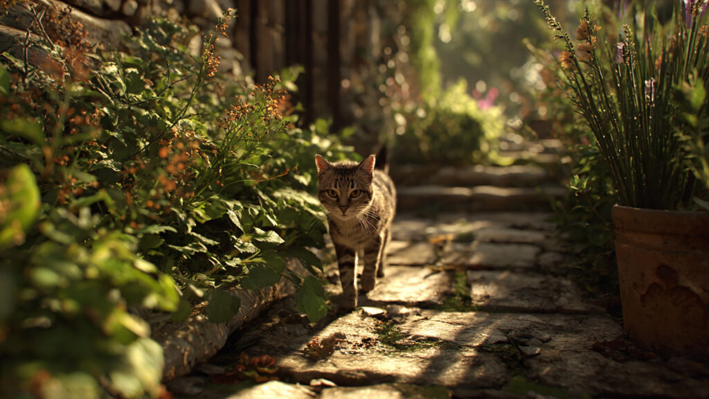 裏庭を歩くネコ｜写実風