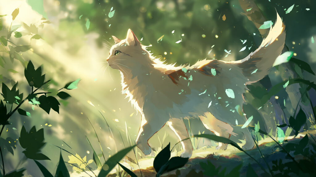 森の中を歩く猫