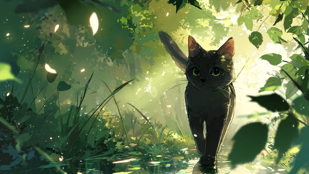 森の中を歩く猫