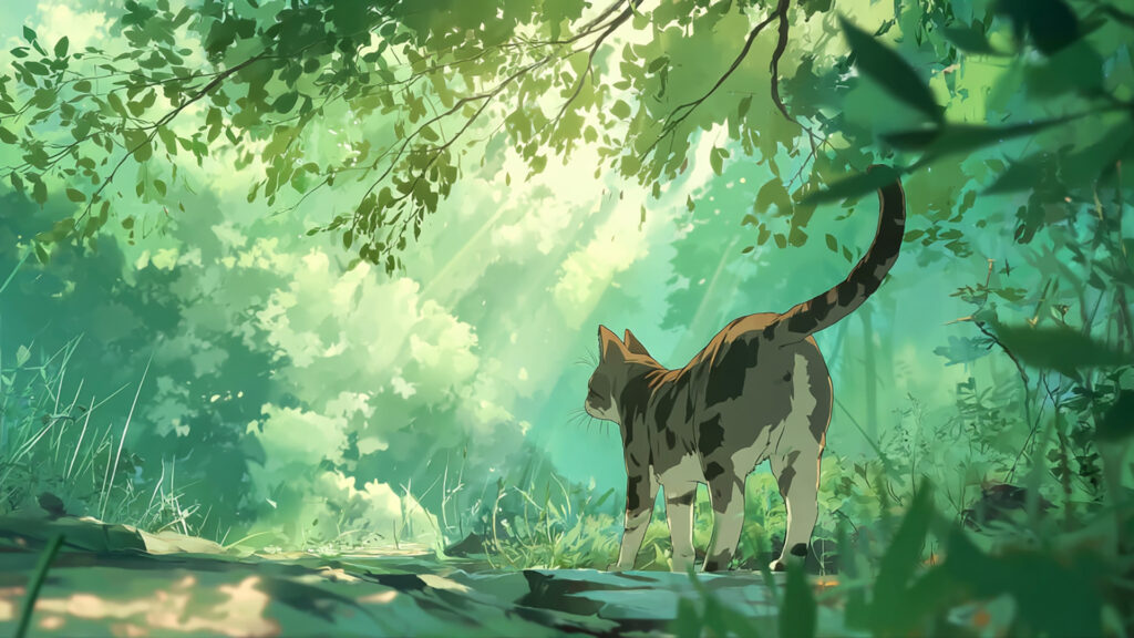 森の中を歩く猫