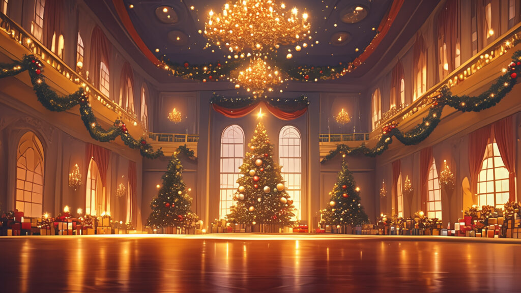 豪華な洋館のクリスマス舞踏会の背景イラストのフリー素材