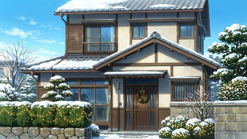 クリスマス装飾された一軒家｜差分ありの背景イラストのフリー素材