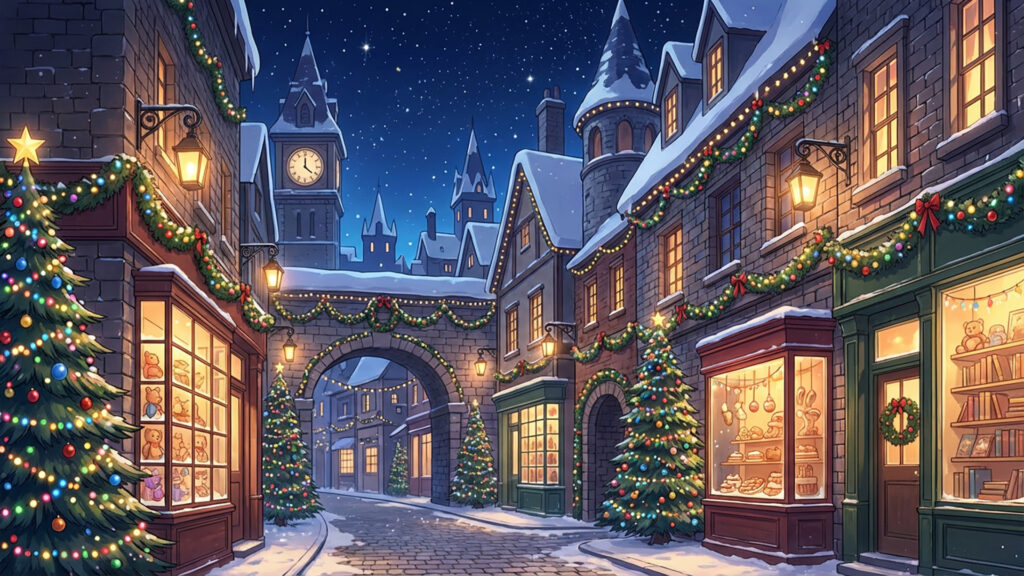 クリスマス装飾された街路の背景イラストのフリー素材