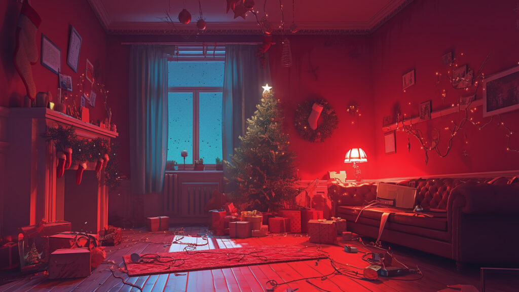 赤い光に照らされるクリスマス部屋