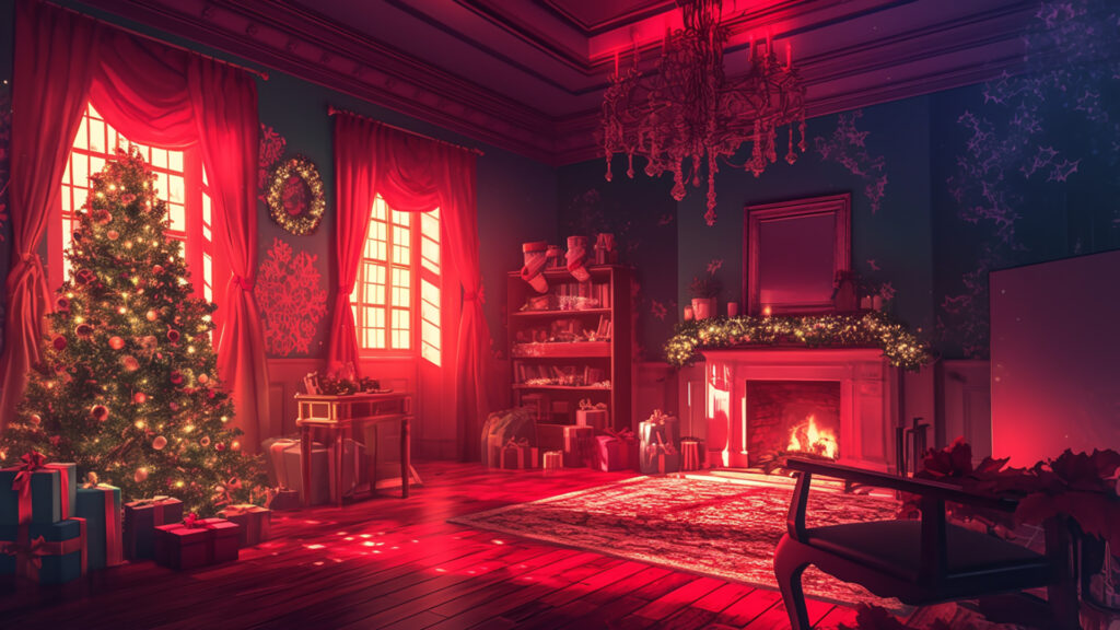 赤い光に照らされるクリスマス部屋の背景イラストのフリー素材