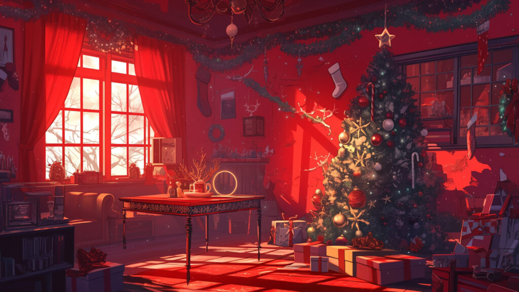 赤い光に照らされるクリスマス部屋