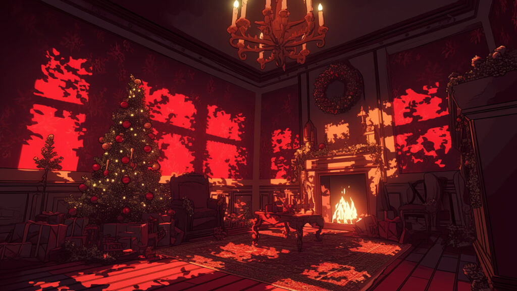 赤い光に照らされるクリスマス部屋