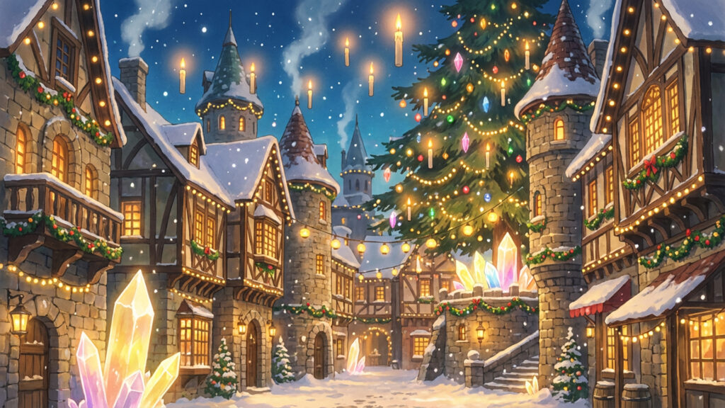 ファンタジー世界のクリスマス街の背景イラストのフリー素材