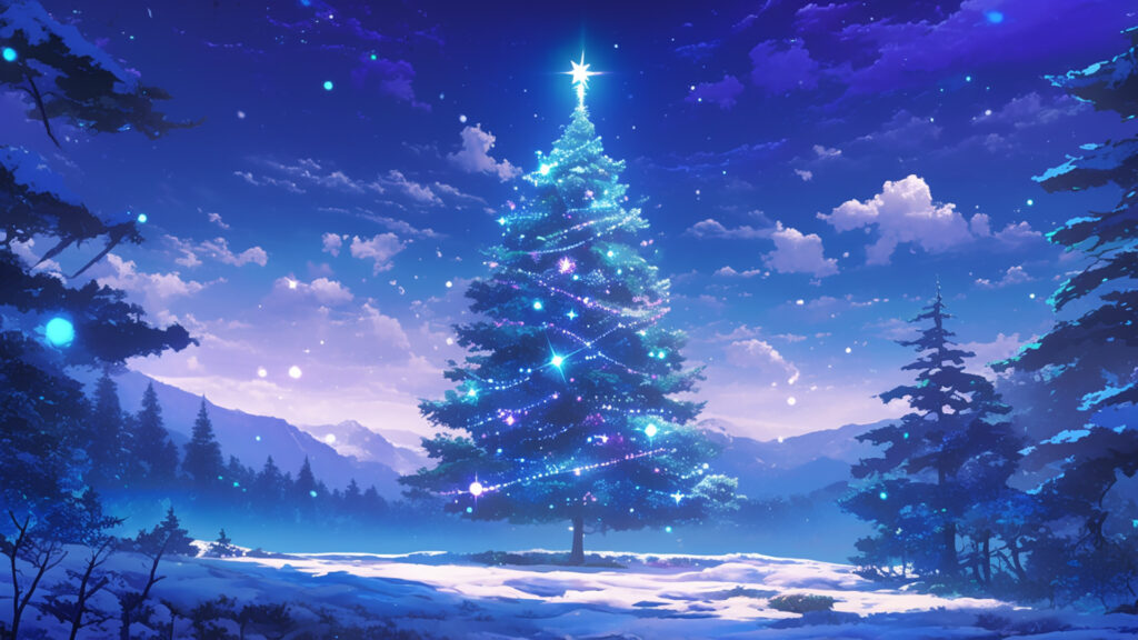 森の中のクリスマスツリーの背景イラストのフリー素材