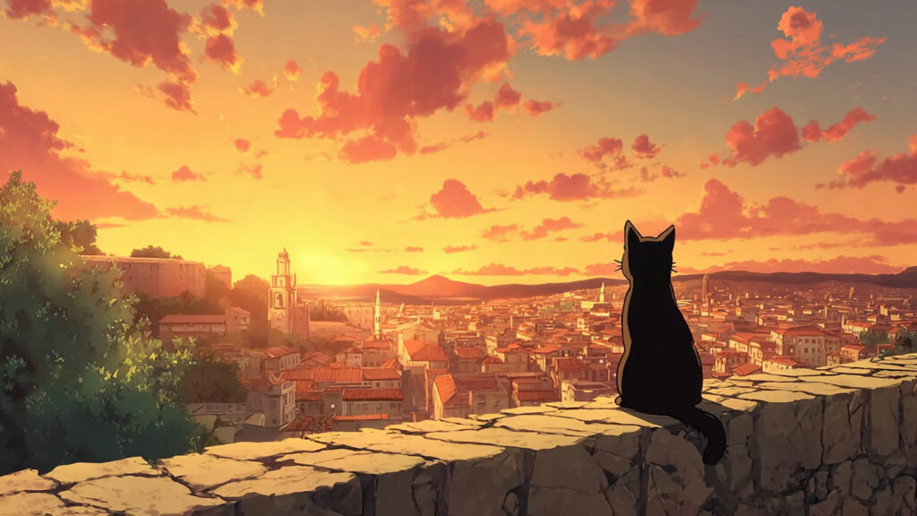 夕暮れの街と猫の背景イラストのフリー素材