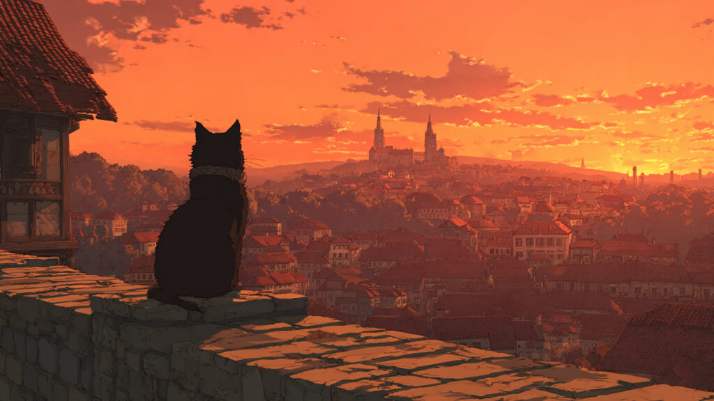 夕暮れの街と猫