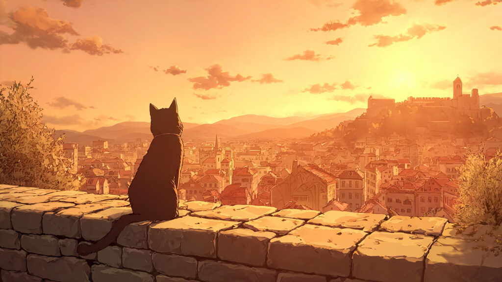 夕暮れの街と猫