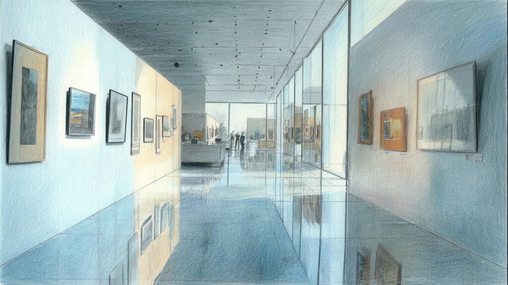 色鉛筆風-美術館背景素材｜手描き風の静寂と光