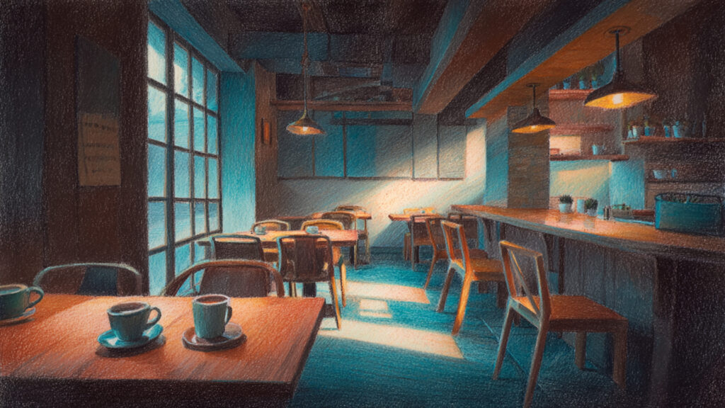 色鉛筆風カフェ背景｜手描き風の温かい室内風景
