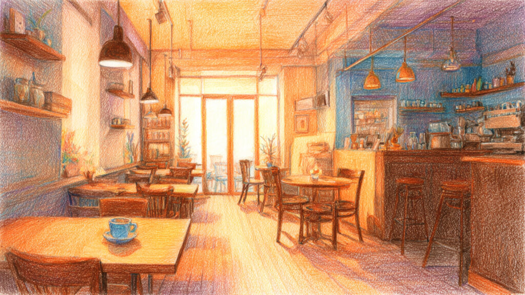 色鉛筆風カフェ背景｜手描き風の温かい室内風景