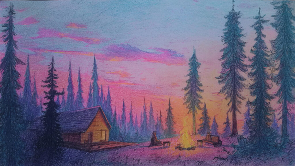 色鉛筆風-キャンプ場｜手描き風の自然と焚き火