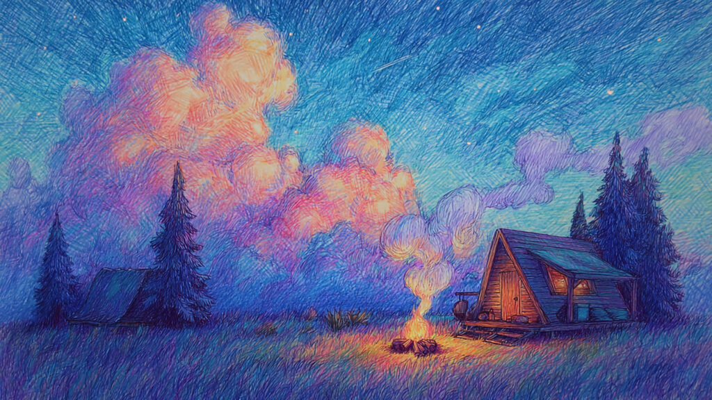 色鉛筆風-キャンプ場｜手描き風の自然と焚き火